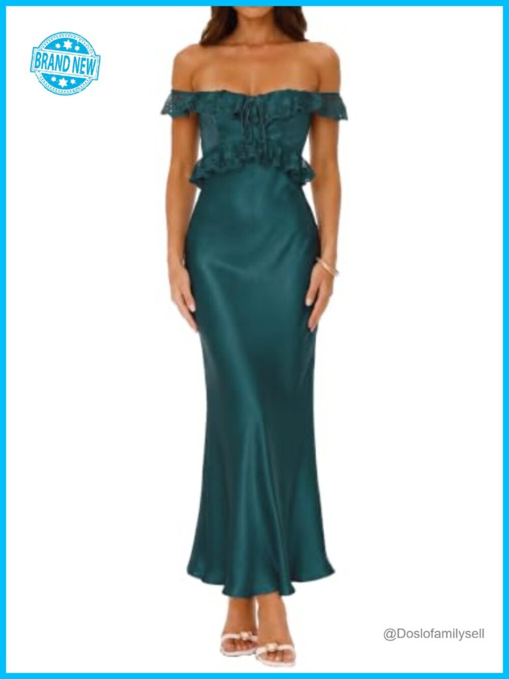 Satin Off Shoulder Formal Maxi Dress Lace Trim Corset Wedding Guest